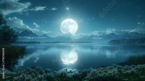 moon over lake distant planet with bioluminescent flora and mysterious extraterrestrial landscapes, sci-fi style