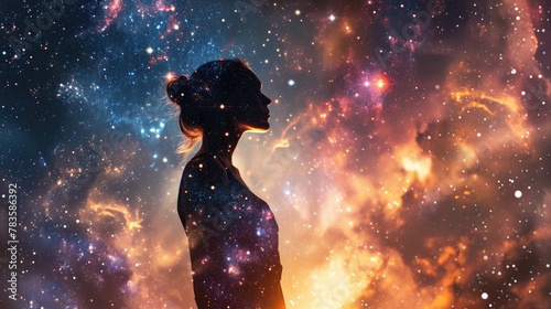 The double exposure picture of adult female human with galaxy or universe in great enormous space that starring into beautiful bright galaxy space that filled with uncountable amount of star. AIGX03. © Summit Art Creations