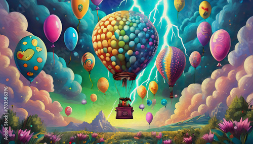 oil painting style cartoon character any balloons in the sky amid lightning strikes, blue sky,