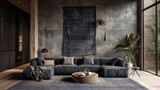 A large monochrome wall hanging in shades of navy blue and charcoal gray is the perfect finishing touch to a sophisticated masculine den adding a touch of rugged charm through its .