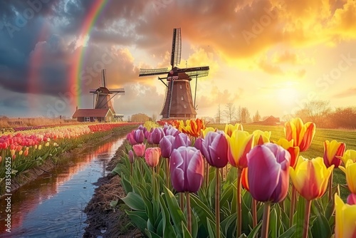 A rainbow arches over a charming scene of Dutch windmills and colorful tulips  symbolizing hope and renewal.