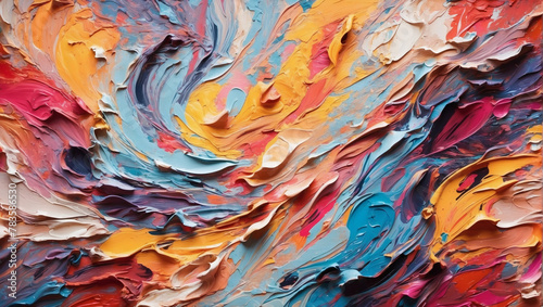 Vivid abstract oil paint background with bold, swirling colors on canvas.