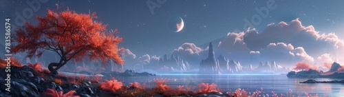 Lake on a distant planet with bioluminescent flora and mysterious extraterrestrial landscapes  super ultrawide background