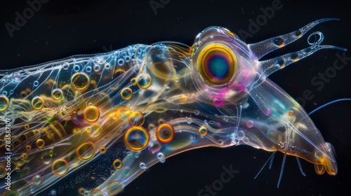 A colorful composite image of a rotifers anatomy showing its translucent body and sensory such as eyespots and antennae. The details photo