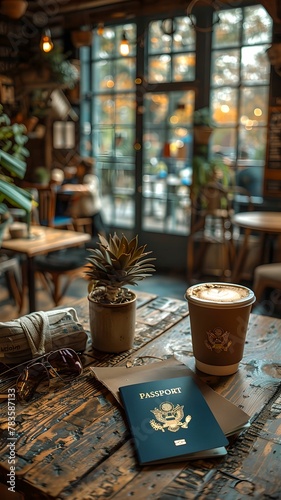 Freedom and Adventure: Coffee and Passport on Wooden Table