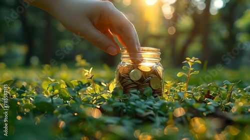 Investment in Nature: Hand Filling Coin into Bottle Over Green Field