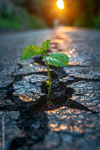 Resilience: green leaf on the ground under sunlight
