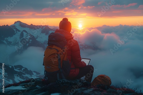 person sitting on the top of mountain with laptop