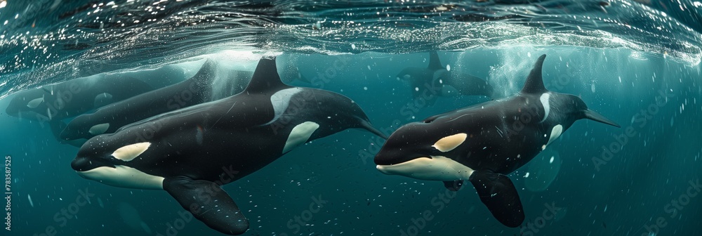 Fototapeta premium pod of killer whales underwater panoramic view panorama