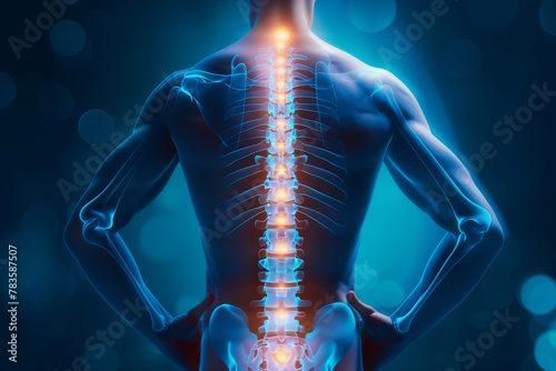 A man's back is lit up with orange and yellow lights, representing the spine. Concept of discomfort or pain, as the spine is the central focus of the image. The use of bright colors photo
