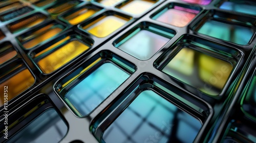 Closeup of assorted colored rectangular glasses in tray