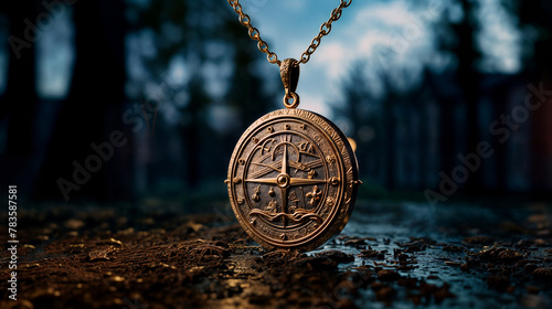 Vintage Golden Compass Pendant Against a Mysterious Night-Time Backdrop