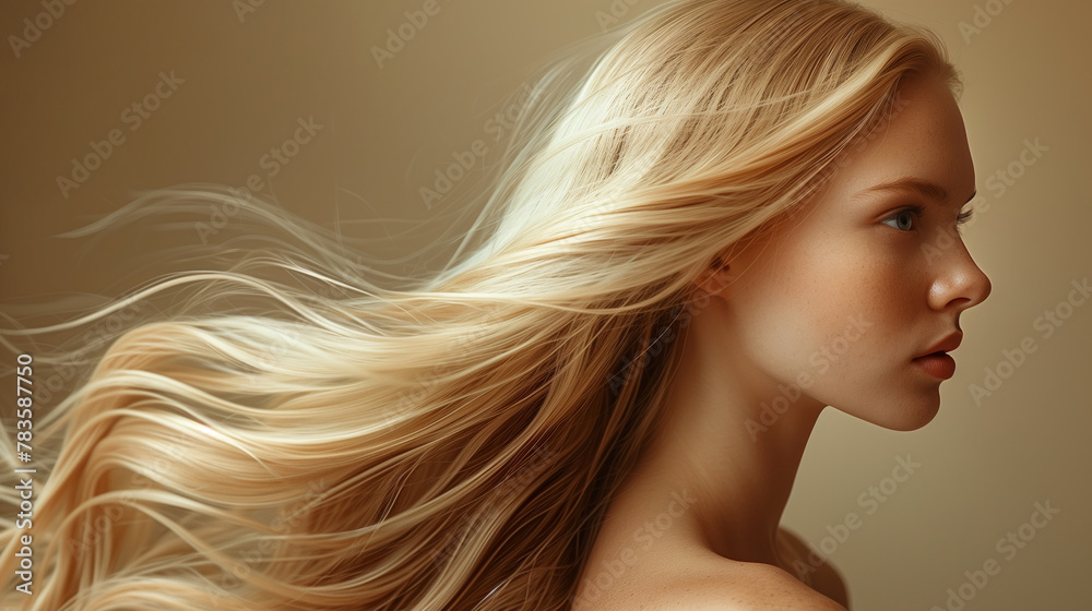 Woman with blond long hair blowing in wind Woman with blond long hair blowing in wind