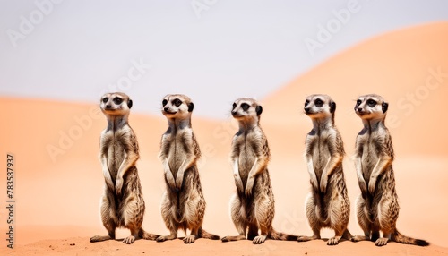 A quintet of vigilant meerkats stand at attention on a sandy desert backdrop, embodying communal vigilance.. AI Generation photo