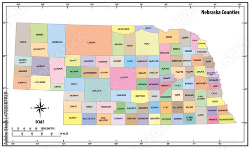 Nebraska state outline administrative and political map in color