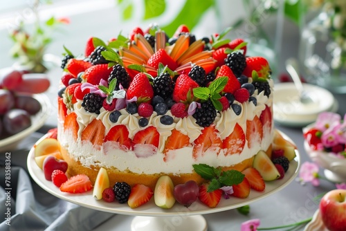 Luscious fruit compote fills layers of cake, freshness immortalized in sweetness. photo