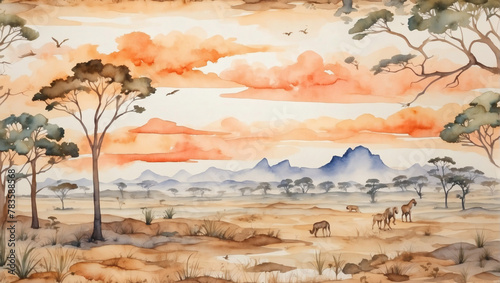 Watercolor pattern wallpaper depicting a savanna landscape.