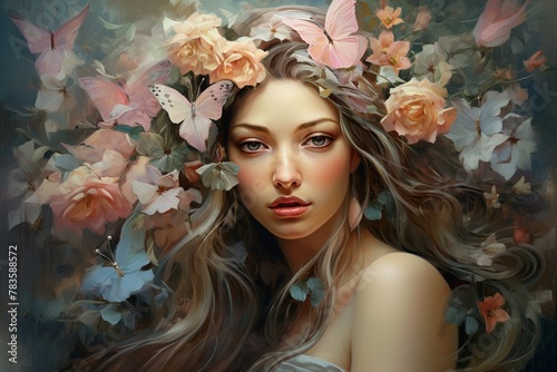 Graceful figure, headband of roses and lilies, face speckled with flower hues, a cascade of butterflies