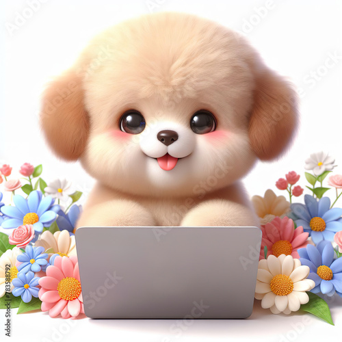cute puppy using laptop, very cute, kawaii, smiling, flowers, white background © JetHuynh