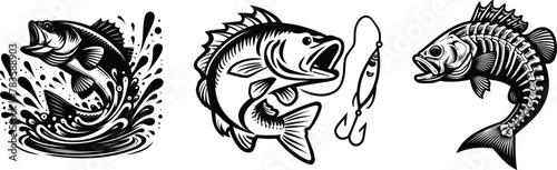 Set of bass fish, fish club logo design, vector illustration.