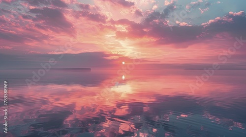 Experience a tranquil awakening through the gentle hues of a pastel sunrise, signaling fresh starts in soft shades. photo
