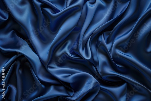 Dark blue silk satin fabric background with folds and waves, closeup view. Luxury cloth texture for design, print or wallpaper.