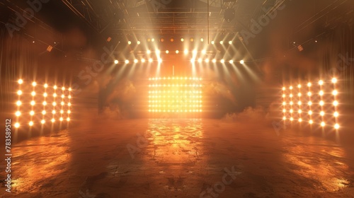 3d stage in a metal concert hall - light beams and fog for a party night - modern club interior © PetrovMedia