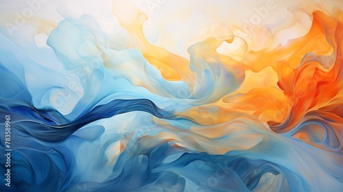 Ephemeral wisps of color drift through a sea of blue and orange gradients, creating a sense of tranquility and serenity.