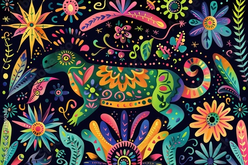 vibrant and colorful illustration of an animal in the center, surrounded by lively patterns inspired by Mexican folk art