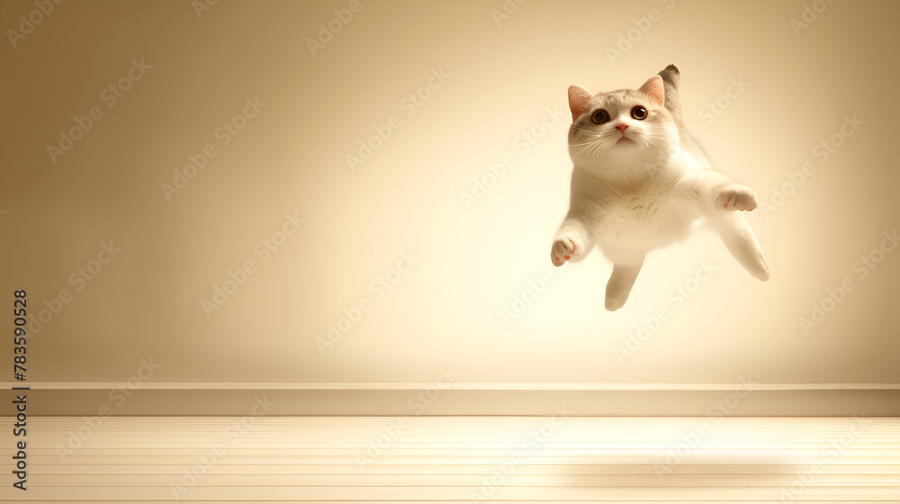 Happy cat jumping with funny expression, Funny cat flying in the air, Generative AI
