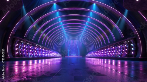 Futuristic 3D Stage in Modern Hall - Club Atmosphere: Illuminated Podium for Modern Party Celebrations