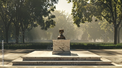 A glimpse into the past is captured in this image with a historic monument standing proudly behind a pristine marble podium. Shadows . . photo