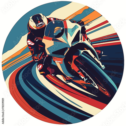 A stylized illustration of a motorbike racer leaning sharply into a high-speed turn, encapsulated within a dynamic, circular red motion blur suggesting rapid movement.