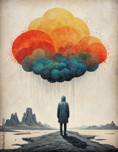 A person wearing a raincoat under the rain of a blue and orange cloud on a desertic landscape. Mental health concept. photo