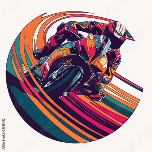 A stylized illustration of a motorbike racer leaning sharply into a high-speed turn, encapsulated within a dynamic, circular red motion blur suggesting rapid movement.