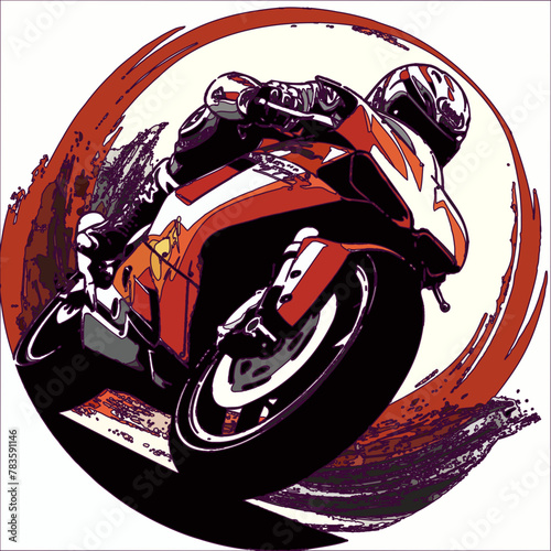 A stylized illustration of a motorbike racer leaning sharply into a high-speed turn, encapsulated within a dynamic, circular red motion blur suggesting rapid movement.