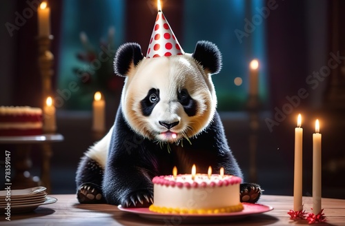 A panda sits at the table, and next to her lies a cake with candles and colorful balloons. Birthday. atmospheric.