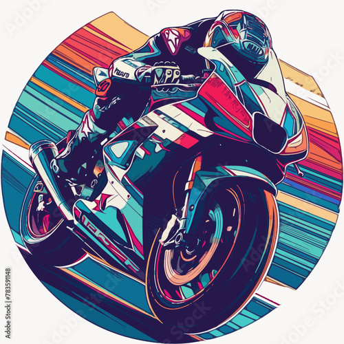 A stylized illustration of a motorbike racer leaning sharply into a high-speed turn, encapsulated within a dynamic, circular red motion blur suggesting rapid movement.