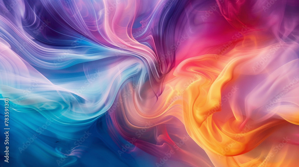 Vibrant hues swirl gracefully in fluid motion, forming a dynamic gradient pattern.