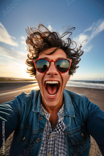 Excited woman traveller taking a vibrant selfie on a beach at sunset