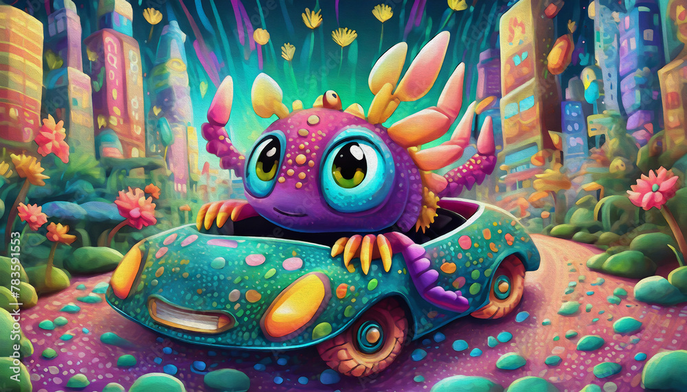 OIL PAINTING STYLE CARTOON CHARACTER Multicolored the baby lobster drives in a convertible at night