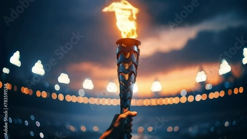 Twilight Celebration With a Flaming Torch Held Aloft Against a Blurred Festive Background