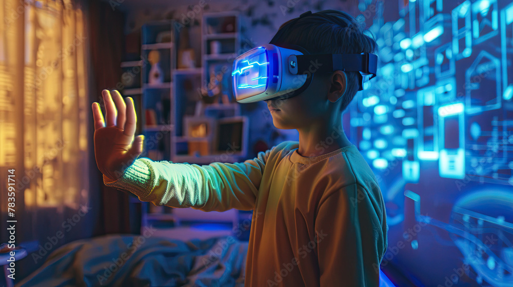 Boy with VR glasses from his room touches the metaverse with his hand