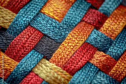 Closeup of woven threads in red, blue and yellow colors