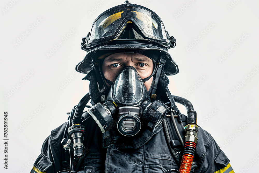 Intensity in the Eyes: Intense close-up of a firefighter wearing a breathing apparatus Intensity in the Eyes: Intense close-up of a firefighter wearing a breathing apparatus