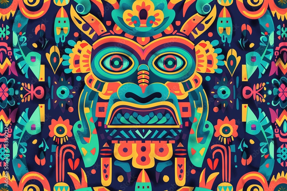 vibrant and colorful pattern featuring traditional Mexican folk art elements, such as tiki masks