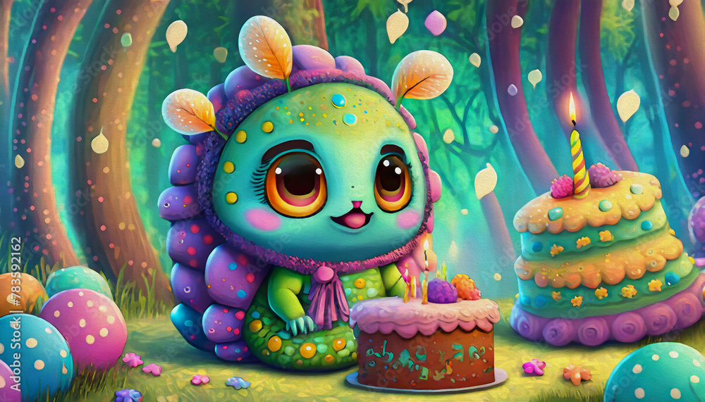 OIL PAINTING STYLE cartoon character Multicolored happy baby caterpillar, with birthday cake