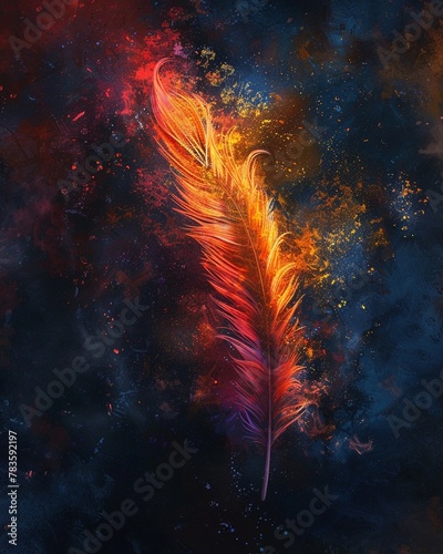 Phoenix feather, fiery hues, delta formation, majestic rise, 