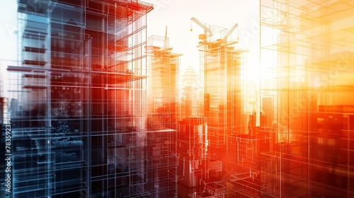 Urban development rise  steel frameworks  future city blueprint  