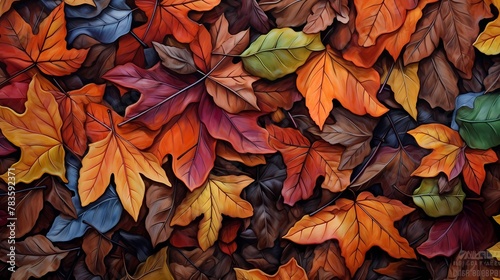 A pile of autumn leaves  each one displaying a unique texture and color variation  ready to be shuffled by playful feet